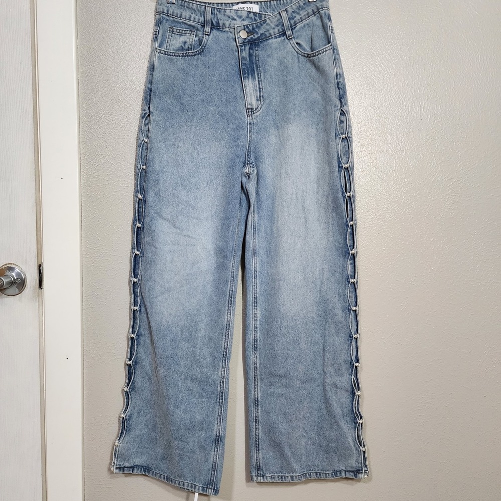 Lane 201 Women's Wide Leg Jeans Size M 28 Blue‎ Denim Open Pearl Sides Y2K Style